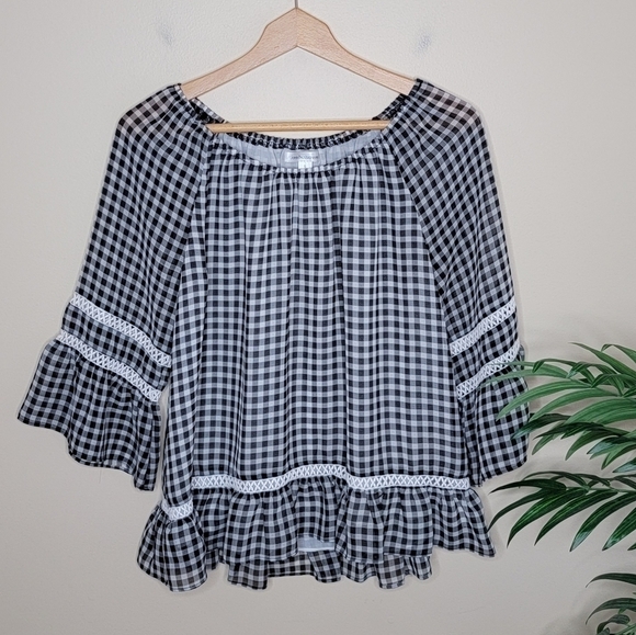 John Paul Richard | Black White Gingham Check Bell Sleeve Blouse - Picture 1 of 4